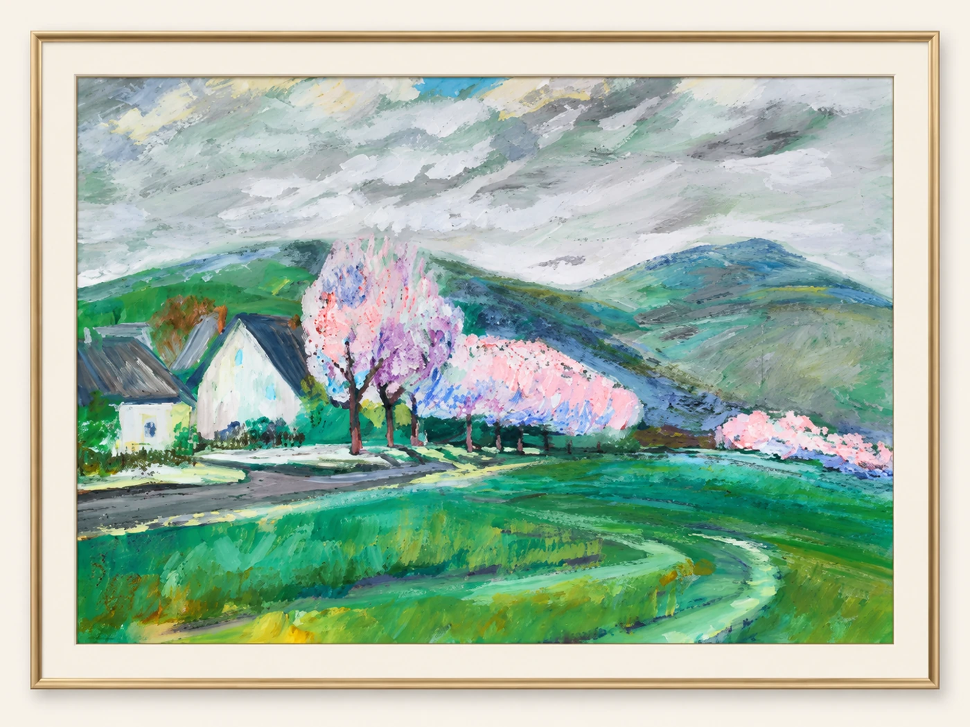 Gemälde einer Frühlingslandschaft mit blühenden Bäumen in einem eleganten goldfarbenen Rahmen