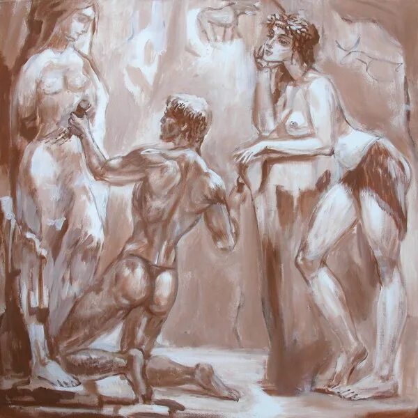 Gemälde mit drei Figuren in einer klassischen Szene